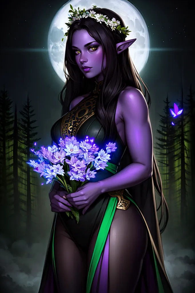 This is an image of a drow elf woman. She has dark purple skin and long black hair. She is wearing a green and gold dress with a low neckline. She is also wearing a crown of white flowers. She is standing in a forest, surrounded by trees. There is a full moon in the background.