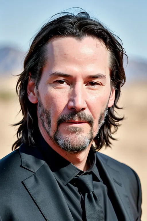 The image shows Keanu Reeves, a Canadian actor. He is known for his roles in movies such as The Matrix, John Wick, and Speed. He is standing in front of a desert background. He is wearing a black suit and tie. He has long dark hair and a beard. He is looking at the camera with a serious expression.