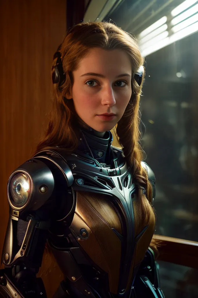 The image shows a young woman who appears to be a cyborg. She has long brown hair styled in a braid and green eyes. She is wearing a black and gold bodysuit with a metallic collar and shoulder pads. There is a large window to her right.