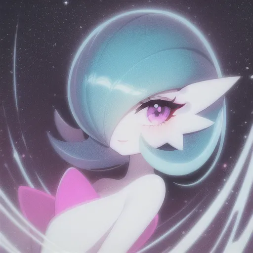 The image contains a drawing of a Gardevoir, which is a bipedal, humanoid Pokémon with a white body and green hair. It has a long, flowing mane of green hair, and its eyes are purple. It is wearing a pink dress with a white collar, and it has a pink gem on its chest. It is standing in a starry night sky, and there are several streaks of light surrounding it
