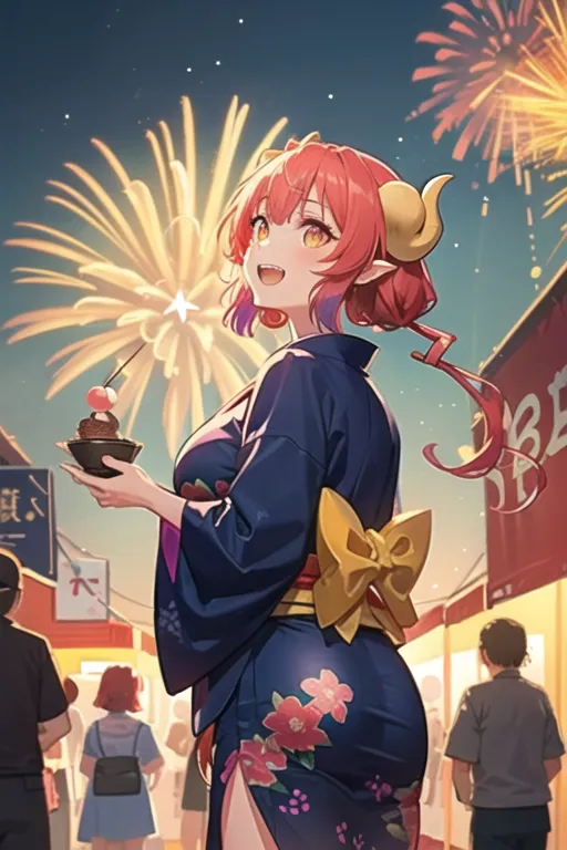 A woman with red horns and a yellow bow in her hair is wearing a blue kimono with pink and white flowers. She is holding a bowl of food and there are fireworks in the background.