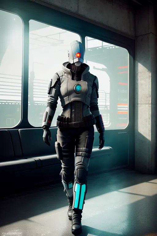 The image is of a woman walking in a futuristic setting. She is wearing a white and gray suit of armor with a blue light on her chest. She has a gun in her hand and is looking to the side. The background is a blur of gray and white.