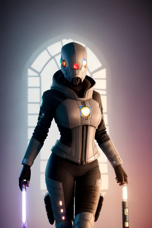 Esta es una imagen de una mujer que lleva un traje de armadura futurista. La armadura es blanca y gris con luces azules y naranjas en el pecho y el casco. La mujer también lleva un par de gafas de protección. Está de pie en una habitación oscura con una ventana grande al fondo. Tiene sables de luz en las manos.