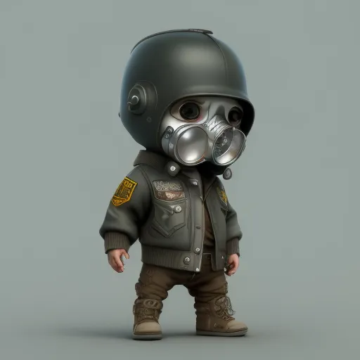 The image shows a small, cartoon character wearing a black and brown leather jacket. The character is also wearing a helmet with a clear visor and a gas mask. The character has a serious expression on its face. It is wearing a utility belt with a badge on it. The character appears to be a post-apocalyptic survivor.