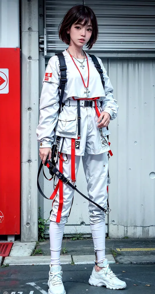 Esta es una imagen de una mujer joven, posiblemente de finales de los teens o principios de los veinte, de pie frente a una pared de hormigón gris. Lleva una chaqueta blanca corta con mangas largas y correas y hebillas negras y rojas. La chaqueta está abierta, mostrando un top blanco debajo. También lleva pantalones blancos con múltiples correas y hebillas rojas en las piernas. Los pantalones están metidos en un par de zapatillas blancas gruesas. Tiene un cinturón negro y un collar de plata con un colgante de cruz. También lleva una mochila negra con correas rojas. La mujer tiene el cabello corto y castaño y los ojos marrones. Mira a la cámara con una expresión neutra.