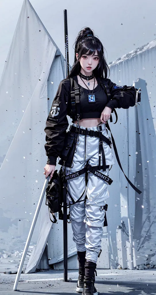 The image shows a young woman standing in a post-apocalyptic cityscape. She is wearing a black crop top, silver pants, and a black jacket. She is also wearing a number of belts and straps, as well as a pair of black boots. She has a large sword strapped to her back and a smaller knife in her hand. The woman has long black hair and brown eyes. She is standing in front of a large, broken building. The sky is dark and cloudy.