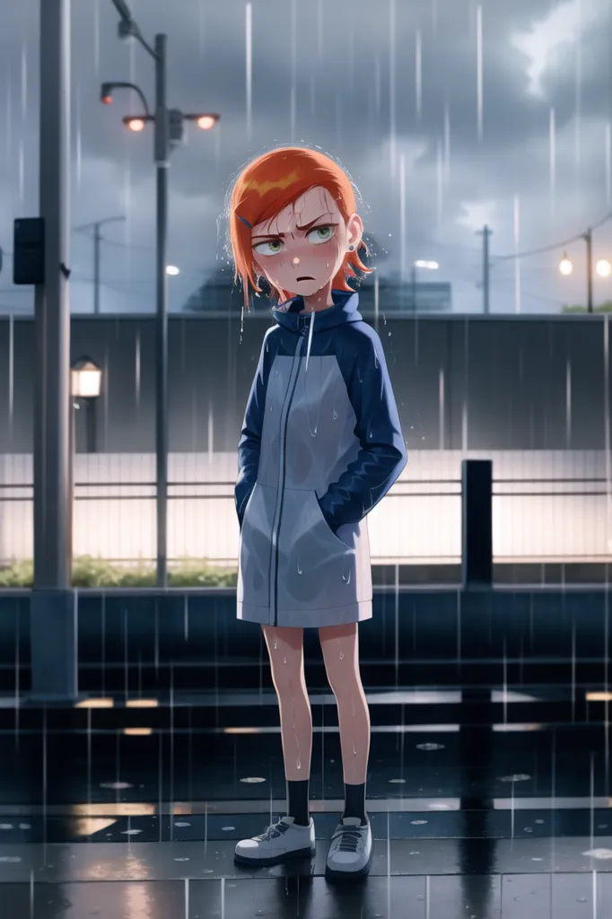 The image is of a young girl standing in the rain. She is wearing a blue and white jacket, a white dress, and black sneakers. She has short orange hair and green eyes. She is looking down with a sad expression on her face. The background is of a city street with a fence to her left and street lights in the distance. The rain is falling heavily and the ground is wet.