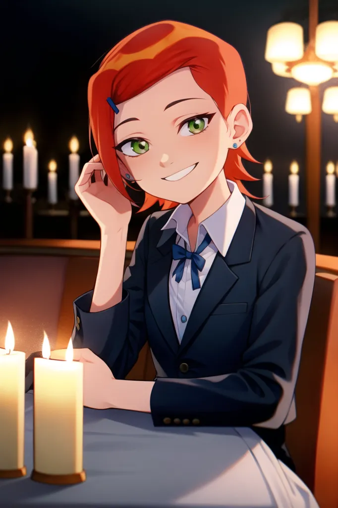 The image shows a young woman with orange hair and green eyes. She is wearing a suit and tie. She is sitting at a table in a restaurant, and there are candles on the table. She has a smile on her face and is looking at the viewer.