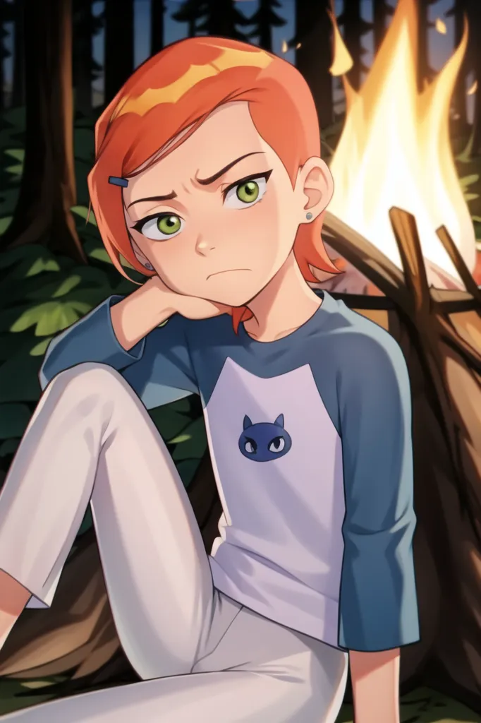 The image shows a young girl with orange hair and green eyes. She is wearing a blue shirt and white pants. She is sitting on a rock in front of a campfire. The girl is looking at the fire with a thoughtful expression on her face. There are trees in the background.