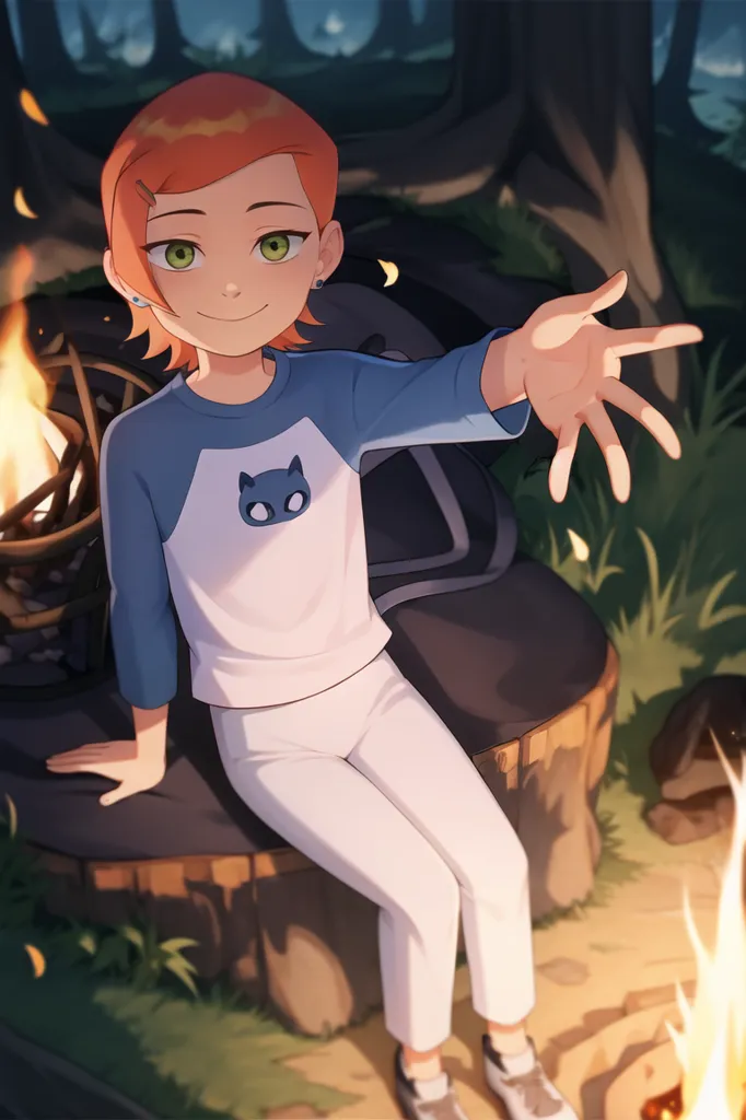 The image is of a young girl with short red hair and green eyes. She is wearing a blue and white long-sleeved shirt with a cat design on the front, white pants, and grey sneakers. She is sitting on a tree stump in a forest, with a campfire behind her. She has a friendly smile on her face and is reaching out her hand.