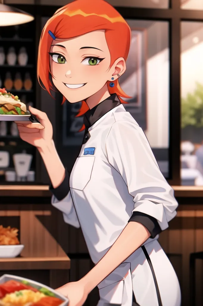 The image shows a young woman with orange hair and green eyes. She is wearing a white chef's coat and a black apron. She has a friendly smile on her face and is holding a plate of food. In the background, there is a restaurant with people sitting at tables.