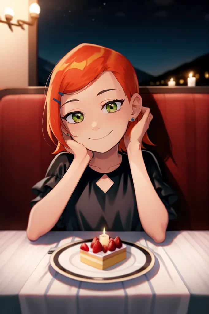 The image shows a young girl with orange hair and green eyes. She is sitting at a table in a restaurant, with a birthday cake in front of her. The girl is wearing a black dress with a white collar. She has a happy expression on her face and is looking at the cake. There is a candle on the cake. The background of the image is a blurred restaurant.