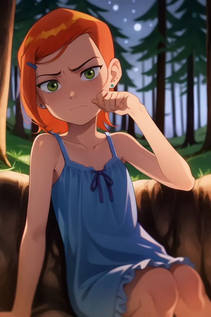 The image is of a young girl with orange hair and green eyes. She is wearing a blue nightgown with a white bow. She is sitting on a rock in the forest, with her legs crossed. She is looking at the viewer with a slightly annoyed expression on her face. She has her right hand on her cheek. There are two small earrings in the shape of stars on her left ear.