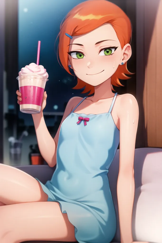 The image is of a young woman with orange hair and green eyes. She is wearing a blue nightgown and is sitting on a bed. She has a pink milkshake in her hand and is looking at the viewer with a sly expression. The background is a blurred cityscape at night.