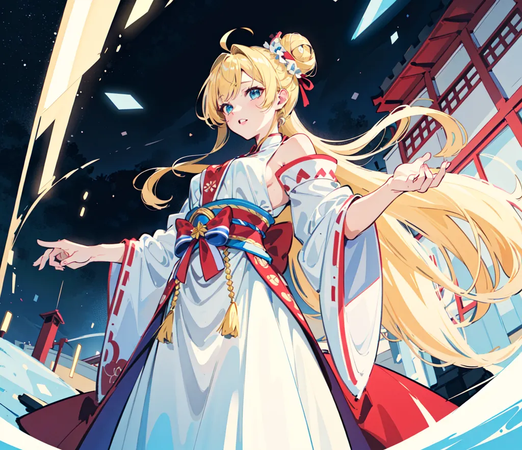 The image is of a young woman, seemingly a shrine maiden, standing in a traditional Japanese courtyard at night. She is wearing a white and red kimono with a blue sash, and her long blonde hair is tied up in a bun. She has a serene expression on her face, and her eyes are closed. The courtyard is surrounded by red walls and traditional Japanese buildings, and there are several trees in the background. The night sky is dark and starry, and there is a full moon.