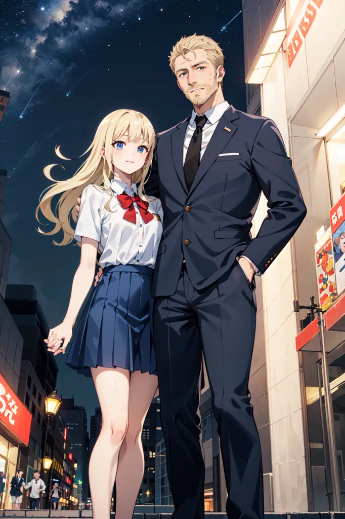 The image shows a man and a woman standing together in a city street at night. The man is tall and handsome, with short blond hair and blue eyes. He is wearing a dark suit and tie. The woman is shorter and more petite, with long blond hair and blue eyes. She is wearing a white blouse, a blue skirt, and a red bow tie. They are standing close to each other. The man has his hand around the woman's waist, and the woman is holding the man's hand. They are both smiling happily. In the background, there is a city street with people walking around. There are also buildings and restaurants in the background. The sky is dark and there are stars in the sky.