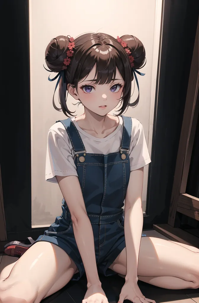 The image is a painting of a young woman with brown hair and purple eyes. She is wearing a white shirt, blue overalls, and red shoes. Her hair is tied up in two buns and she has a flower in her hair. She is sitting on the floor with her legs crossed. She has a shy expression on her face.