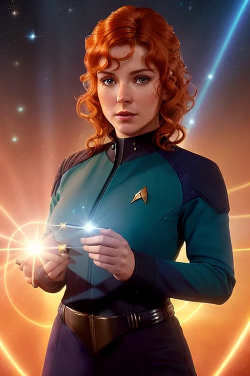 The image shows a young woman with red hair and green eyes wearing a blue uniform with a Starfleet delta on the left breast. She is standing in front of a starry background with a bright light in the center. She is holding a small object in her hands.