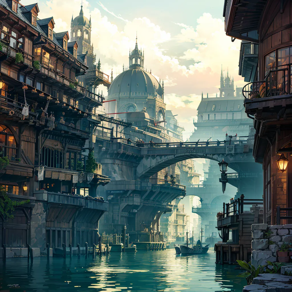 The image is a painting of a city built on a river. The city is made up of tall, narrow buildings with wooden facades and overhanging balconies. The buildings are connected by bridges and walkways, and there are people walking around on the streets. The river is spanned by a large bridge, and there are boats docked along the banks. The sky is blue and cloudy, and the sun is shining. The painting is done in a realistic style, and the details are very clear.