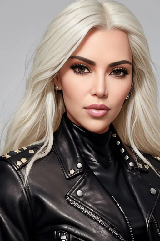 The image shows a woman with long, platinum blonde hair and dark eyes. She is wearing a black leather jacket with silver studs. The jacket is open, showing a black turtleneck sweater underneath. The woman's makeup is flawless, with dark eyeshadow and winged eyeliner. Her lips are a glossy, natural pink. She is looking at the camera with a serious expression.