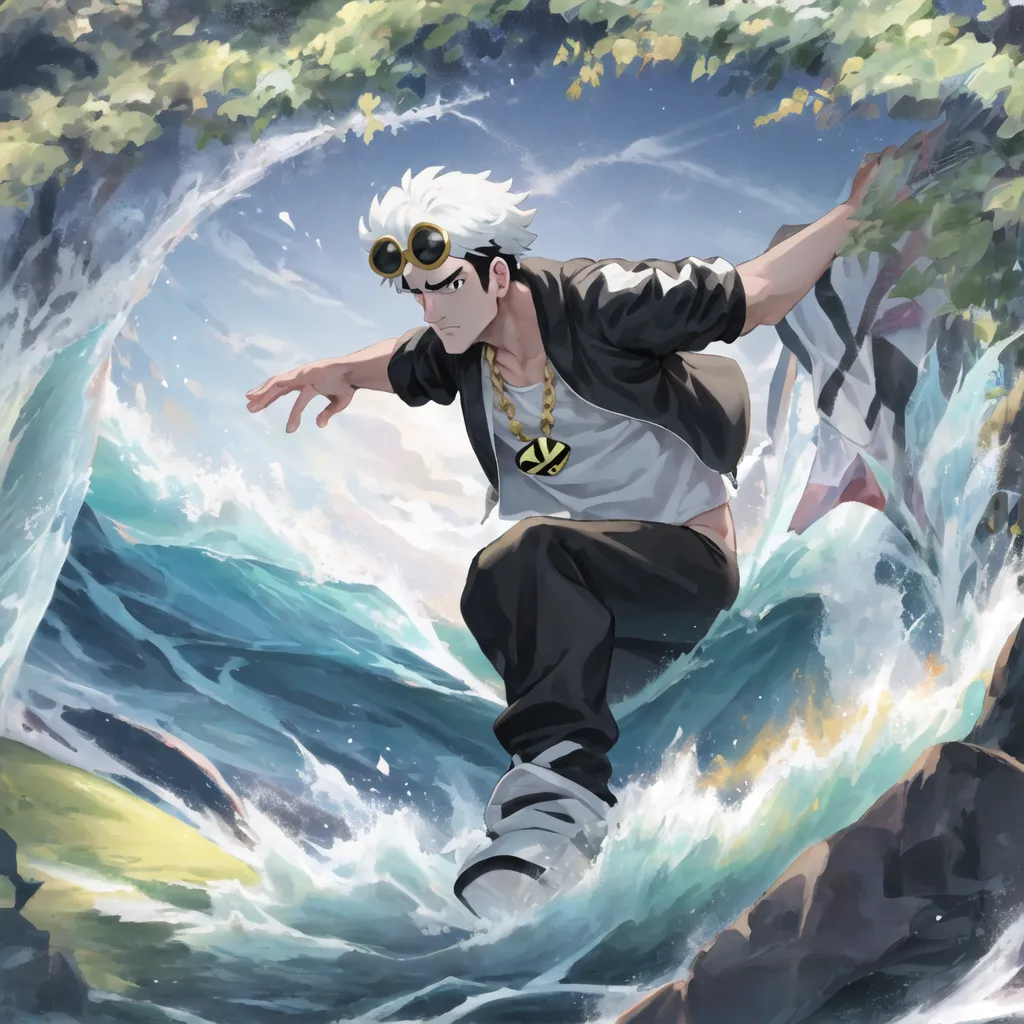 This image depicts a young man with white hair and sunglasses surfing on a large wave. He is wearing a black and white outfit and has a gold necklace with a pendant in the shape of a circle with a V in the center. The background of the image is a bright blue sky with white clouds and a large wave with green leaves and branches in the foreground. The man is surfing on the wave and looks like he is having a lot of fun.