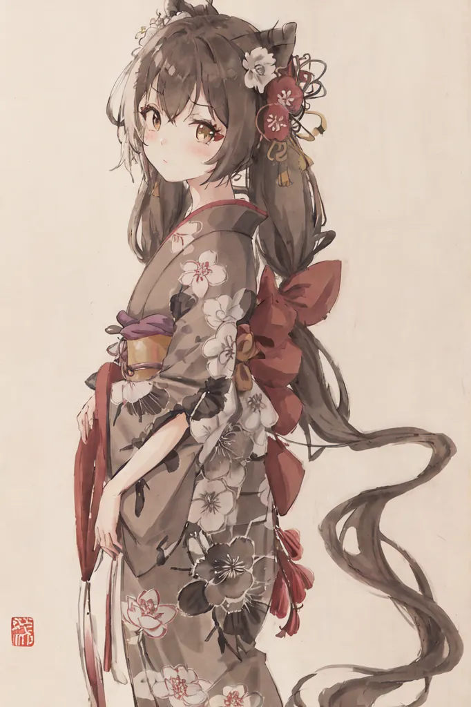 L'image représente une fille aux longs cheveux bruns foncés et aux oreilles de chat. Elle porte un kimono avec un motif floral et un obi rouge. Le kimono a un col blanc. La fille regarde vers la gauche avec une expression timide sur son visage. Elle tient le bord de son kimono avec sa main droite. Sa main gauche pend le long de son corps. La fille se tient sur un fond blanc.