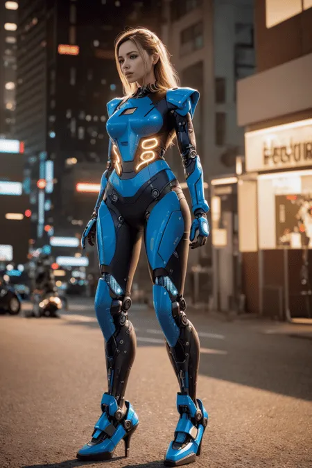 This is an image of a woman wearing a blue and black armored suit. She is standing in a city street with a lot of lights and buildings. The woman is wearing a helmet with a visor and has long blonde hair. She is also wearing a pair of high heels. The suit has a glowing yellow line running down the center of the chest.