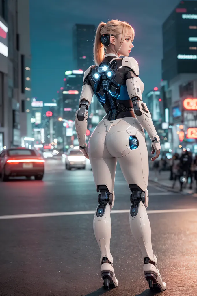 The image shows a female robot standing in the middle of a busy street. She is wearing a white and blue bodysuit with a ponytail. The robot is looking away from the camera and has a confident expression on her face. The street is lined with cars and buildings, and the lights of the city are reflected in the robot's body.