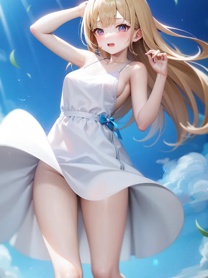 The image is a digital painting of a young woman. She is standing in a field of grass, and the wind is blowing her dress up. She is wearing a white dress with a blue ribbon at the waist. Her hair is long and blond, and her eyes are purple. She is smiling and looks happy. The background is a blue sky with white clouds.