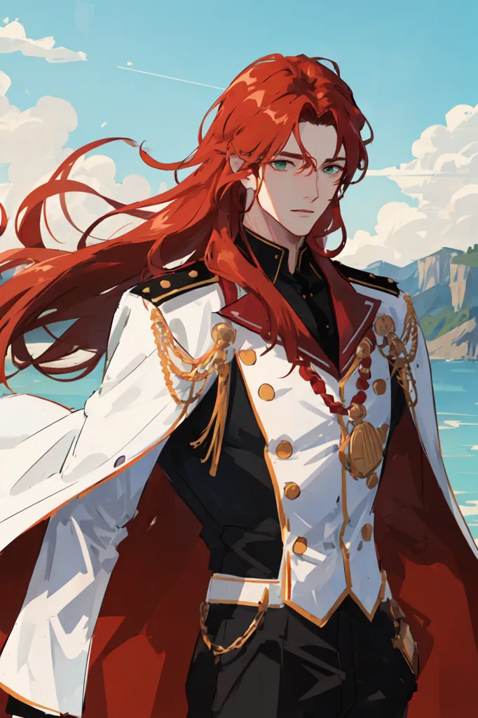 This is an image of a man with bright red hair and green eyes. He is wearing a white military-style jacket with gold epaulettes and gold buttons. There is a red sash around his waist and a white cape blowing in the wind behind him. He is standing on a cliff overlooking the ocean.