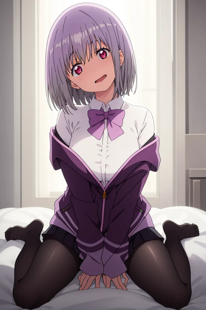 The image is of a young girl with purple hair and red eyes. She is wearing a white shirt, black stockings, and a purple blazer. She is sitting on a bed with her hands in her lap and has a sly expression on her face. The background is a blurred image of a room with a window.