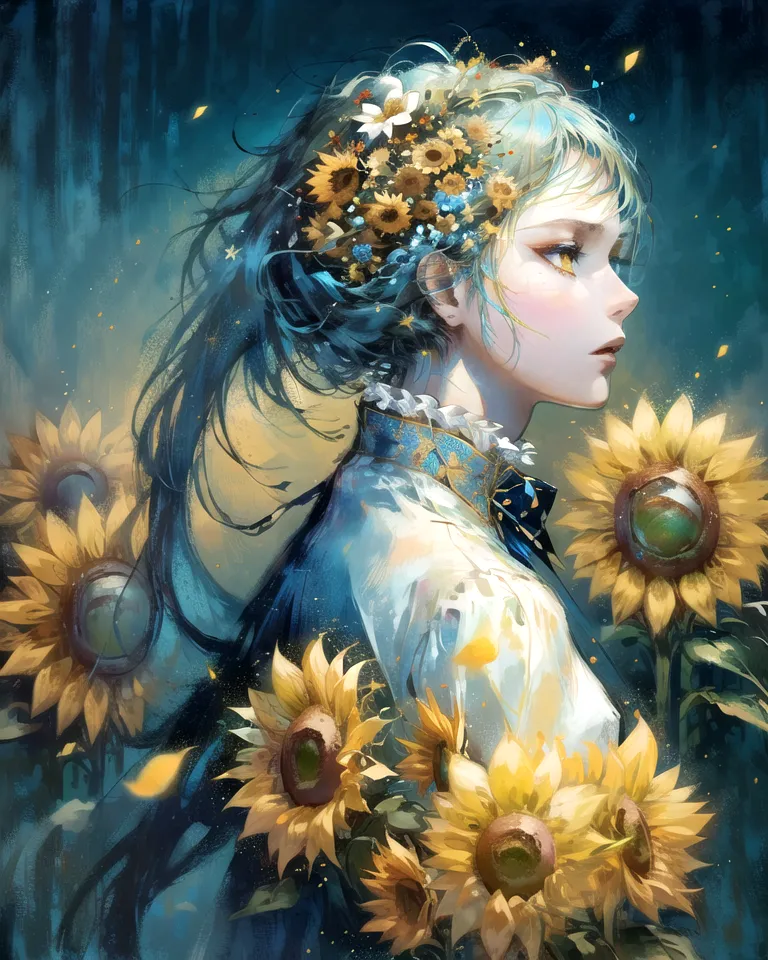 Esta imagen es de una hermosa mujer con el cabello largo y ondulado. Su cabello está adornado con una corona de girasoles. Los girasoles son de un color amarillo dorado brillante y resaltan contra la piel pálida de la mujer. Los ojos de la mujer son de un azul profundo y penetrante, y sus labios están ligeramente entreabiertos. Lleva un vestido blanco con un fajín azul. El vestido es de hombros descubiertos, mostrando los hombros y el cuello de la mujer. La mujer está de pie en un campo de girasoles. Los girasoles son altos y están en flor. La mujer está rodeada por los girasoles y parecen estar extendiéndose hacia ella. El fondo es un cielo nocturno azul oscuro. Hay estrellas brillando en el cielo. La mujer está en primer plano de la imagen y es el foco principal. La imagen es una representación hermosa y serena de una mujer en la naturaleza.