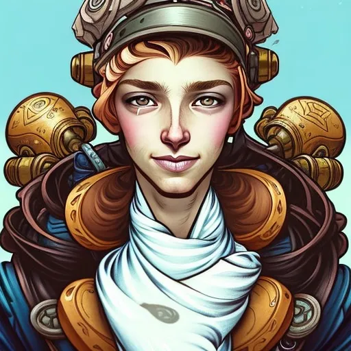 This is an image of a young woman with steampunk goggles on her head. She has light brown hair and light brown eyes. She is wearing a white shirt and a brown vest. She has a confident expression on her face. The background is a light blue color.