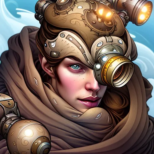 The image is a portrait of a young woman. She is wearing a brown steampunk style hat with goggles. The hat has a lot of gears and rivets on it. She is also wearing a brown scarf that covers her mouth. She has brown hair and blue eyes. Her skin is light and flawless. She is looking at the viewer with a serious expression. The background is a light blue color with some clouds in the distance.