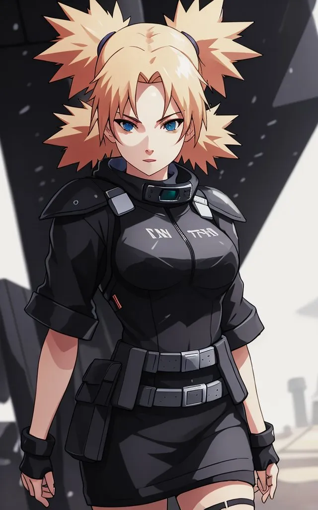 The image is of a young woman with long blonde hair and blue eyes. She is wearing a black sleeveless outfit with a high collar and a utility belt. She is also wearing a pair of black gloves and boots. The woman is standing in a dark room with a futuristic cityscape in the background.