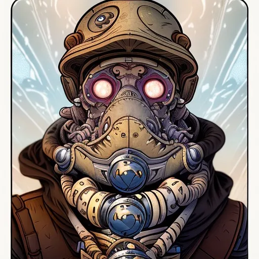 The image is a portrait of a steampunk character. The character is wearing a brown helmet with a pair of goggles and a respirator. The helmet is decorated with rivets and a pair of small, glowing eyes. The character is also wearing a brown coat with a fur collar. The coat is decorated with a number of straps and buckles. The character is holding a weapon of some sort in his right hand. The weapon is a strange-looking gun. The character is standing in front of a white background.