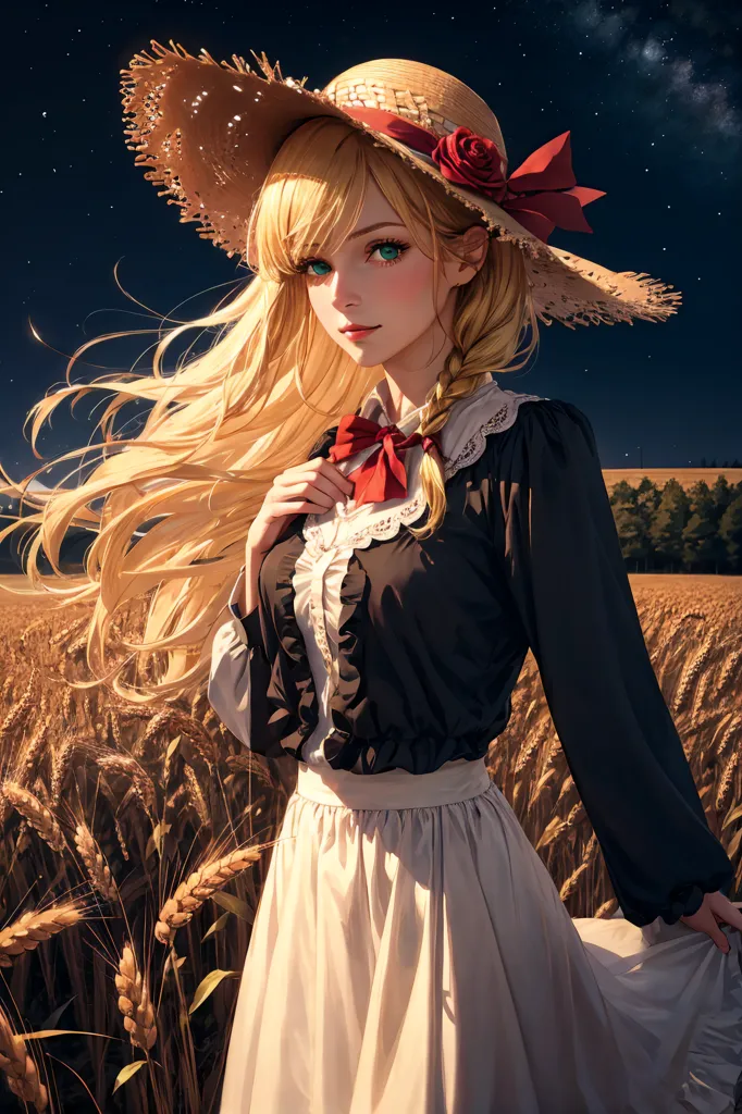 The image shows a beautiful young woman with long blond hair and green eyes. She is wearing a large straw hat with a red ribbon, a black blouse with a white collar, and a long white skirt. She is standing in a field of wheat, and the sun is setting behind her. The sky is dark blue with a few stars.