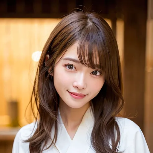 The image shows a young woman with long brown hair and bangs. Her eyes are brown and she has a small smile on her face. She is wearing a white kimono with a light gray obi. The background is blurred and looks like a traditional Japanese restaurant.