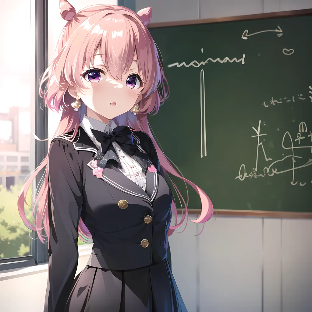 The image shows a young woman with pink hair and cat ears. She is wearing a black school uniform with a white collar and a pink bow tie. She is standing in front of a blackboard with a puzzled expression on her face. The blackboard has some Japanese writing on it.