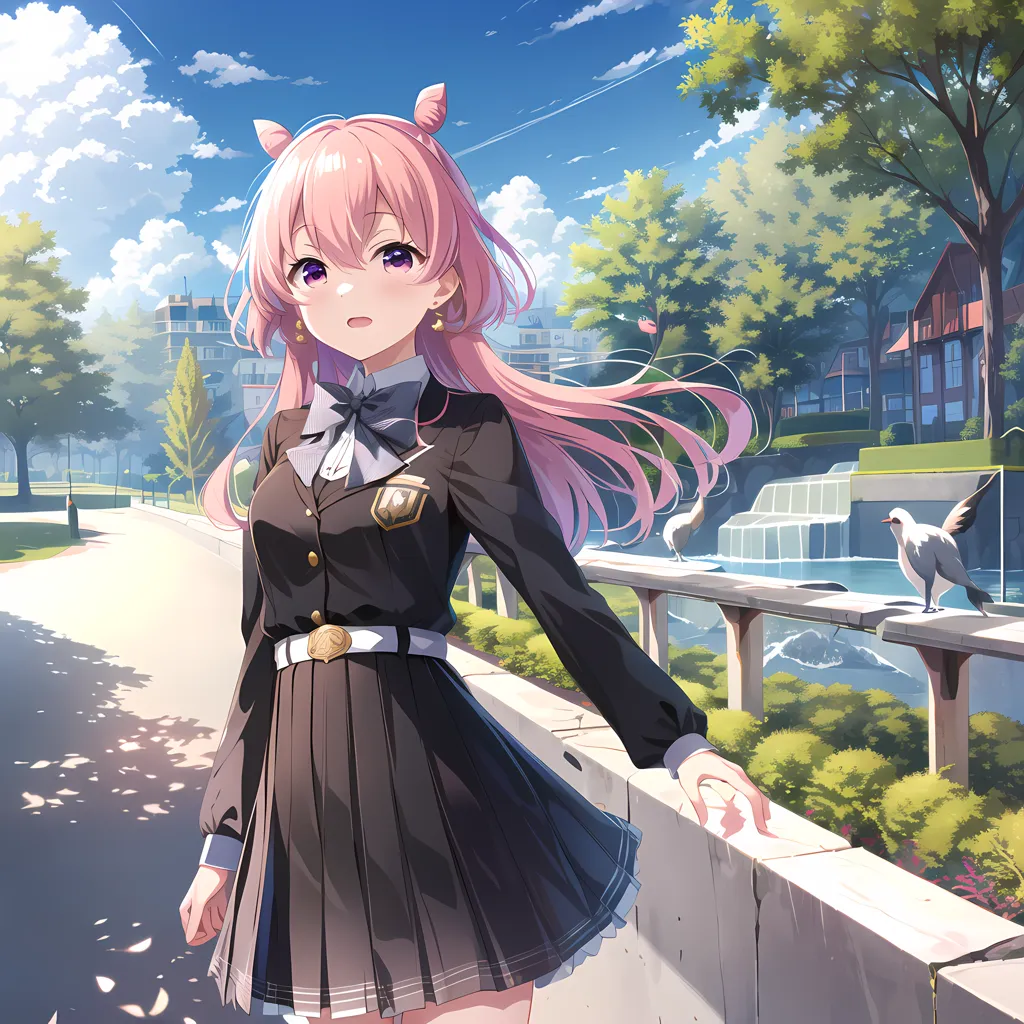 The image is of a young girl with pink hair and cat ears. She is wearing a black and white school uniform. The girl is standing on a bridge, leaning against the railing. There is a river flowing under the bridge and a small waterfall to her right. There are trees and buildings on both sides of the river. The sky is blue and there are white clouds. The girl is looking at the river with a serene expression on her face.