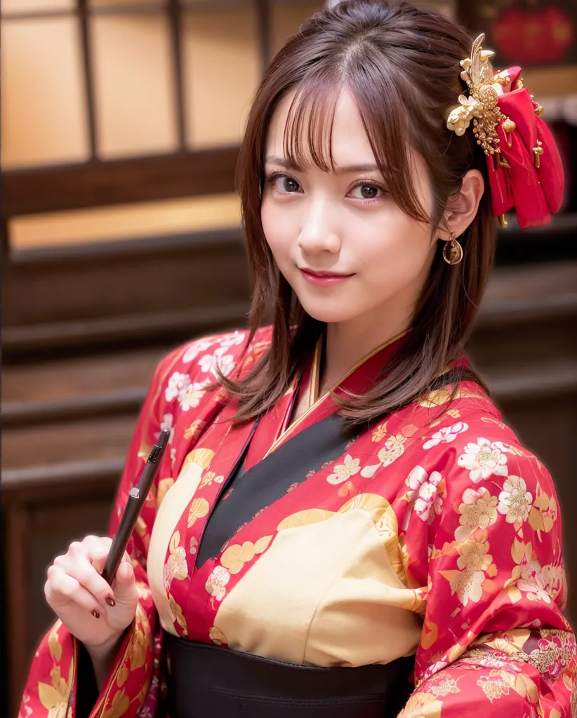 The image shows a young woman wearing a red kimono with white and gold floral patterns. The kimono is tied with a black obi sash. She has long brown hair that is styled in a hime cut with bangs. She is wearing a gold and red hairpiece on the right side of her head. She has brown eyes and is wearing light makeup. She is holding a pen and smiling at the camera. The background is blurred and looks like a traditional Japanese room.