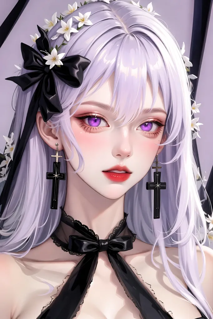 The image is a portrait of a beautiful young woman with long, flowing white hair and purple eyes. She is wearing a black dress with a white collar and a black bow. There are white flowers in her hair and she is wearing a pair of black earrings in the shape of crosses. The background is a light gray color and there is a dark gray shadow on the right side of her face.