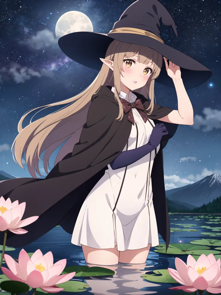 The image is a beautiful anime-style drawing of a young girl with long, flowing blonde hair and golden eyes. She is wearing a white dress with a thigh-high slit and a black witch's hat. She is standing in a lake surrounded by lily pads and flowers. The full moon is shining in the background, and there are mountains in the distance. The girl is smiling and has her hand on the brim of her hat.