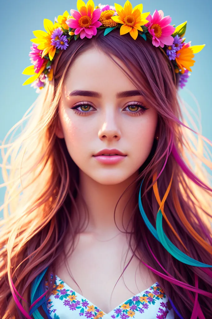 The image shows a young woman with long, flowing hair. Her hair is a mix of brown, pink, yellow, and blue. She has green eyes and is wearing a wreath of flowers. The flowers are pink, yellow, orange, and purple. She is wearing a white dress with a floral pattern. The background is a blue sky.