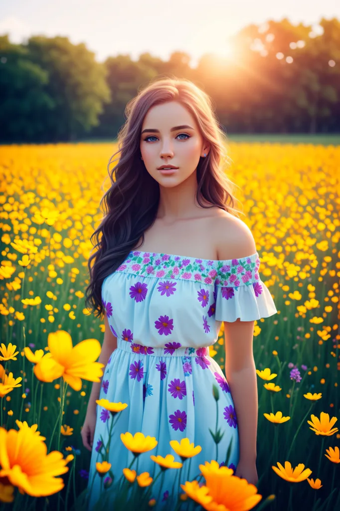 Esta imagem mostra uma jovem mulher em pé em um campo de flores amarelas. Ela está usando um vestido azul com mangas caídas. O vestido tem um padrão floral com flores roxas, rosas e verdes. A mulher tem cabelos castanhos longos e olhos azuis. Ela olha para a câmera com um sorriso suave no rosto. O sol está se pondo ao fundo, lançando um brilho quente sobre a cena.