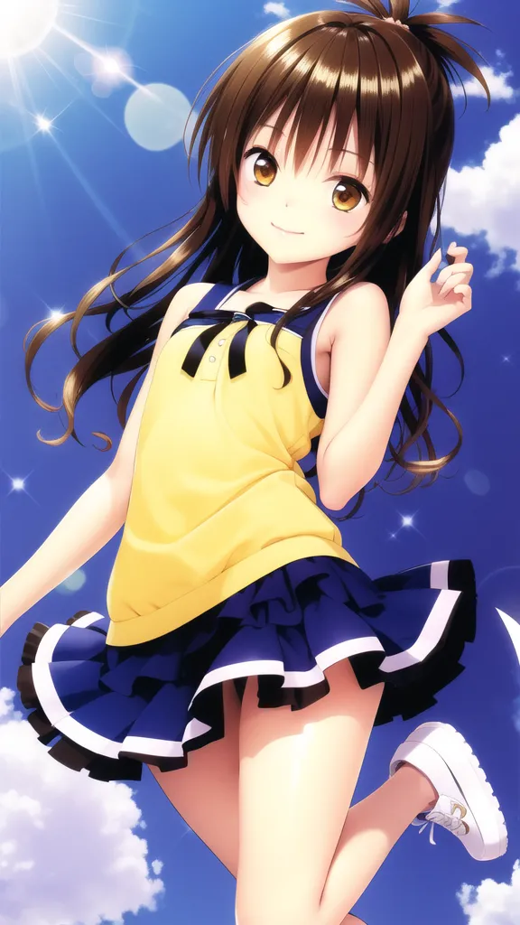 The image is of a young girl with long brown hair and yellow eyes. She is wearing a yellow sleeveless shirt, a blue pleated skirt, and white sneakers. She is standing on a cloud in the sky with a bright blue sky and white clouds in the background. She has a happy expression on her face and is looking at the viewer.