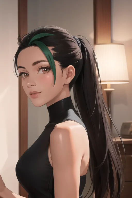 La imagen es una pintura digital de una mujer joven con cabello negro largo y ojos verdes. Lleva una blusa negra sin mangas de cuello alto. La mujer está de pie frente a un fondo blanco y tiene una sonrisa suave en su rostro. La pintura está hecha en un estilo realista, y el artista ha prestado mucha atención al detalle. El cabello de la mujer está particularmente bien representado, y el artista ha utilizado una variedad de colores para crear una sensación de profundidad y realismo. La pintura también está bien iluminada, y el artista ha utilizado la luz y la sombra para crear una sensación de atmósfera. En general, la pintura es una obra de arte hermosa y bien ejecutada.