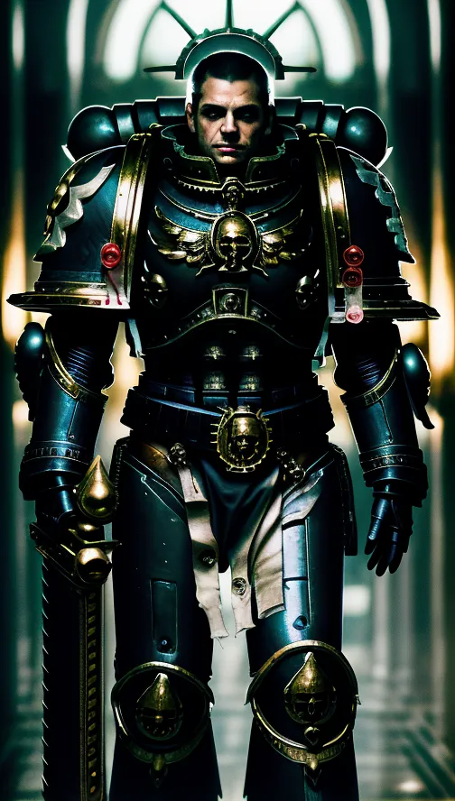 L'image montre un Espace Marine de l'univers Warhammer 40k. Il porte une armure de puissance bleu foncé avec des garnitures dorées et a un crâne avec des ailes sur sa poitrine. Il porte également un casque avec une visière et tient une épée à la main. L'arrière-plan est sombre et il y a des piliers de chaque côté de l'Espace Marine.