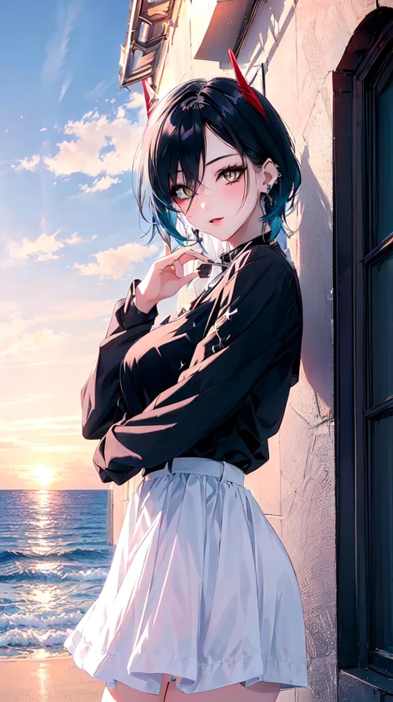 The image is a portrait of a young woman with black hair and red horns standing in front of a blue sea. She is wearing a black top and a white skirt. The sun is setting behind her.