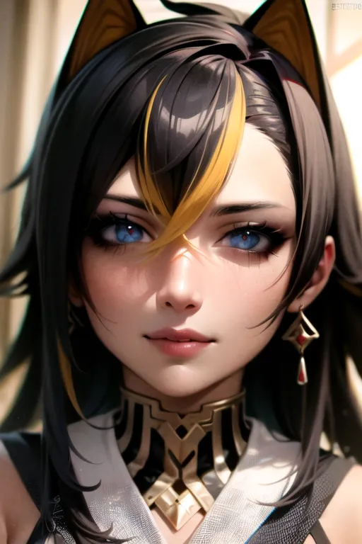 La imagen es una pintura digital de una mujer joven con orejas de gato. Tiene el cabello largo y negro con mechones amarillos y ojos azules. Lleva un collar blanco y dorado, y un atuendo negro y dorado. El fondo es un degradado de azul claro y rosa. La pintura está en un estilo realista y la expresión de la mujer es suave y serena.